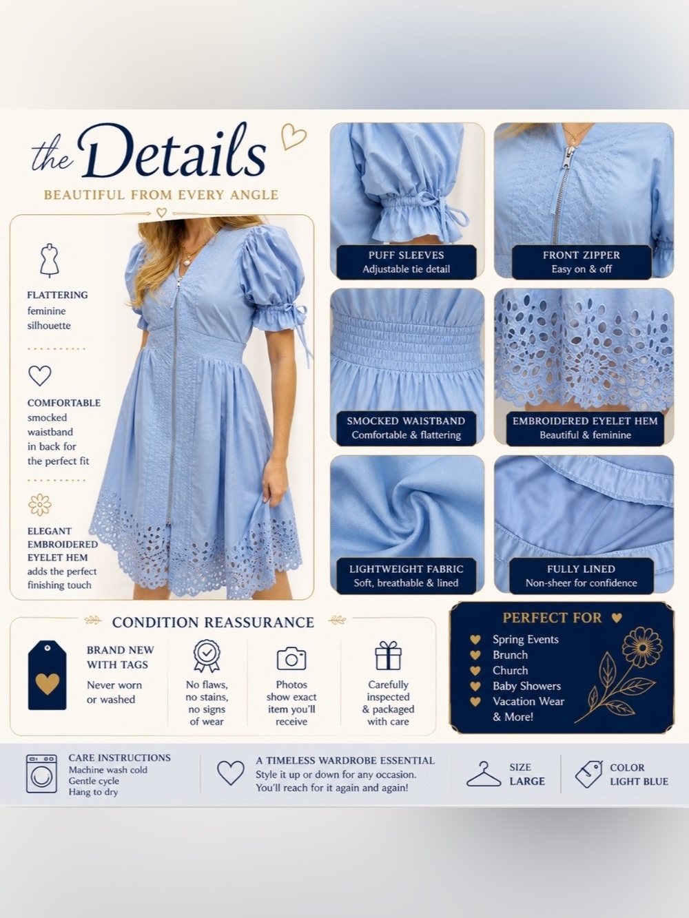 Entro Light Blue Embroidered Puff Sleeve Midi Dress NWT Size Large